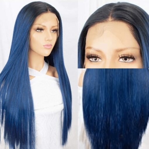 Blue ombre lace front wig long straight 4