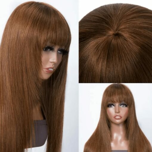Dark brown wig with bangs long straight 2