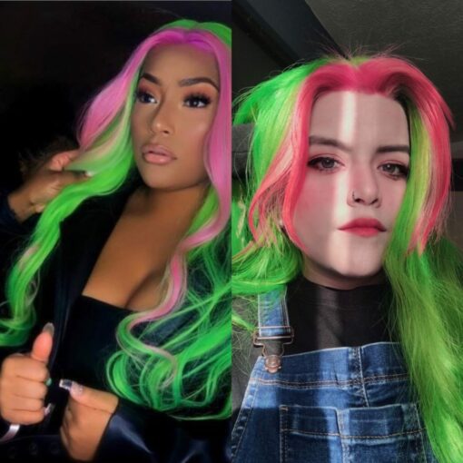 Green and pink wig long straight 1