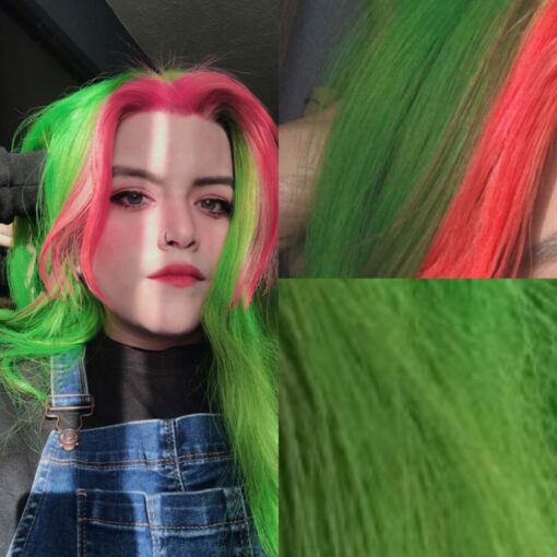 Green and pink wig long straight 2