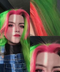Green and pink wig long straight 3