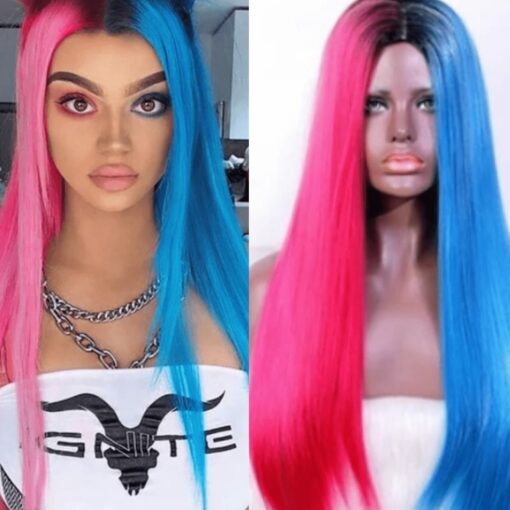 Pink and blue wig wig Long straight 1