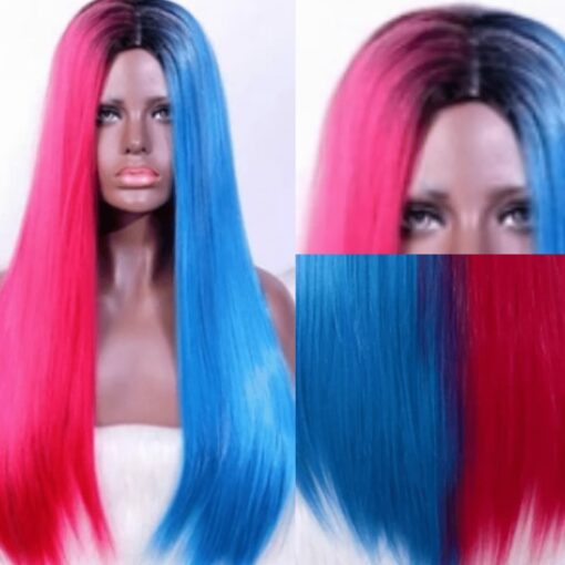 Pink and blue wig wig Long straight 4