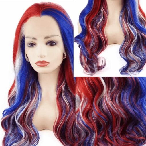 Red white and blue wig long straight 4