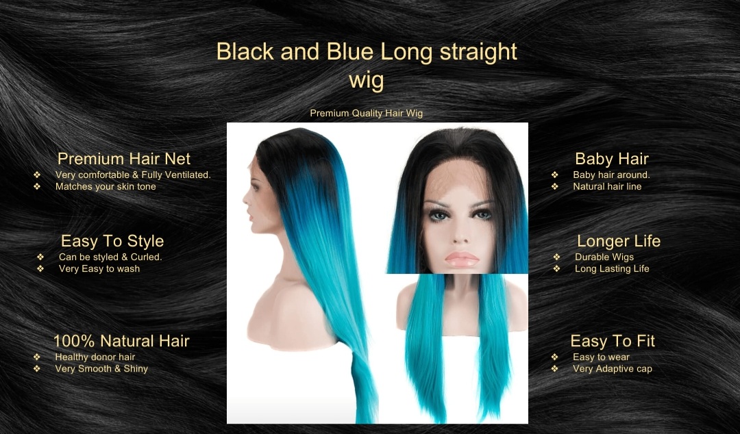 Black and Blue Long straight wig