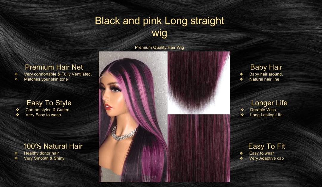 Black and pink Long straight wig