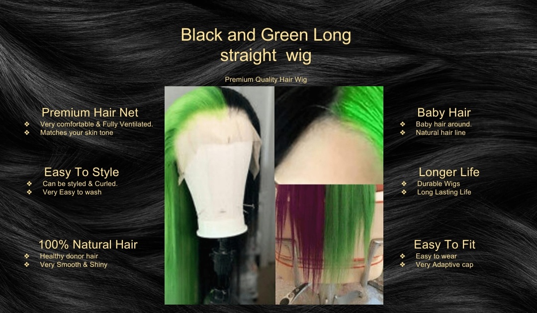 Black and Green Long straight wig