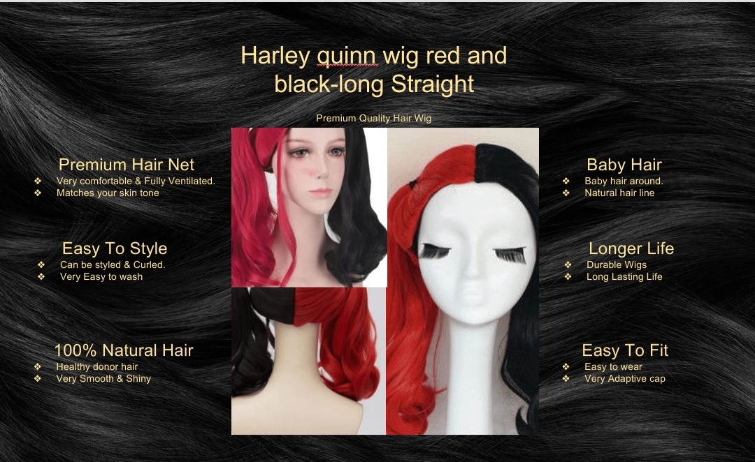 Harley quinn wig red and black-long straight
