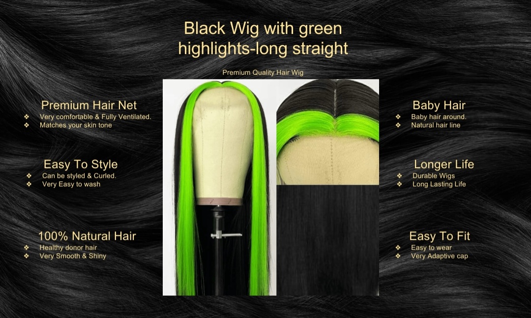 Black Wig with green highlights-long straight