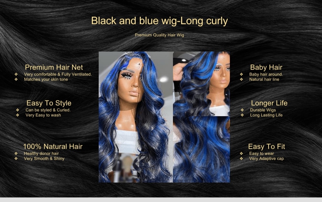 Black and blue wig-Long curly