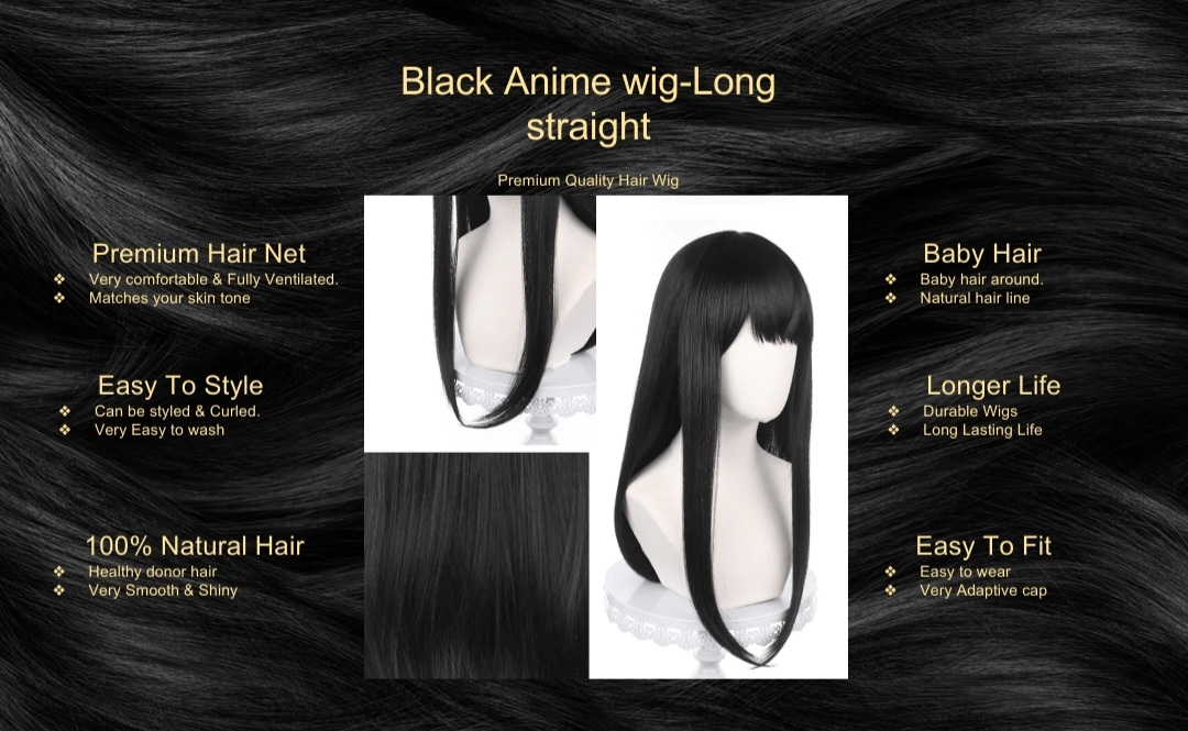 Black Anime wig-Long straight