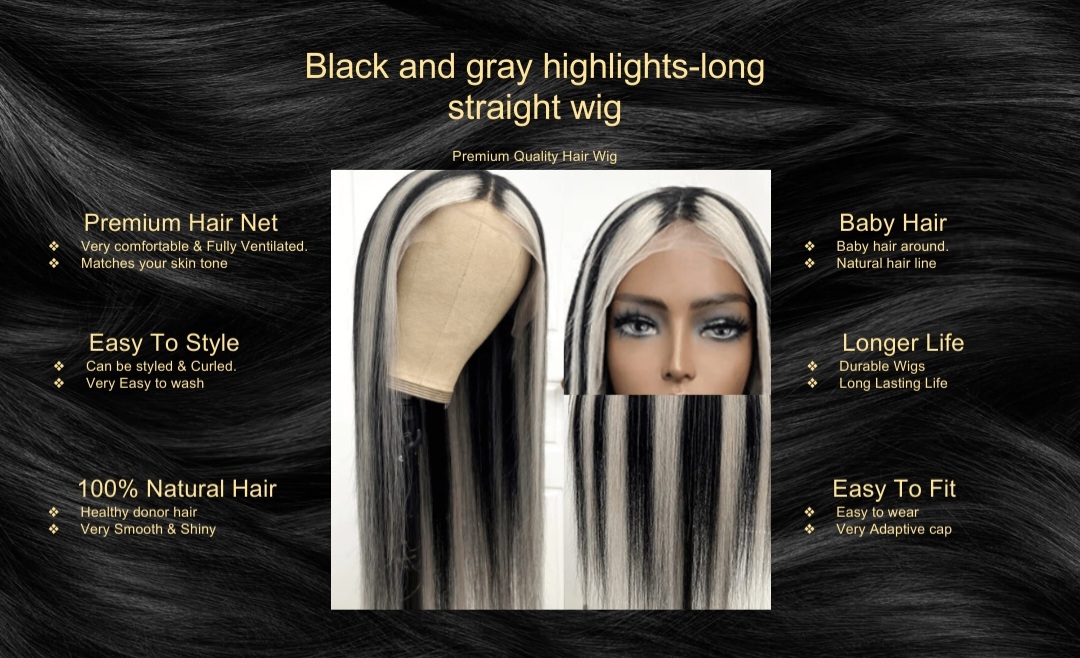 Black and gray highlights-long straight wig