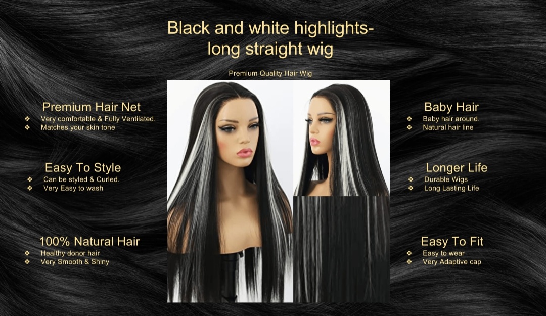 Black and white highlights-long straight wig