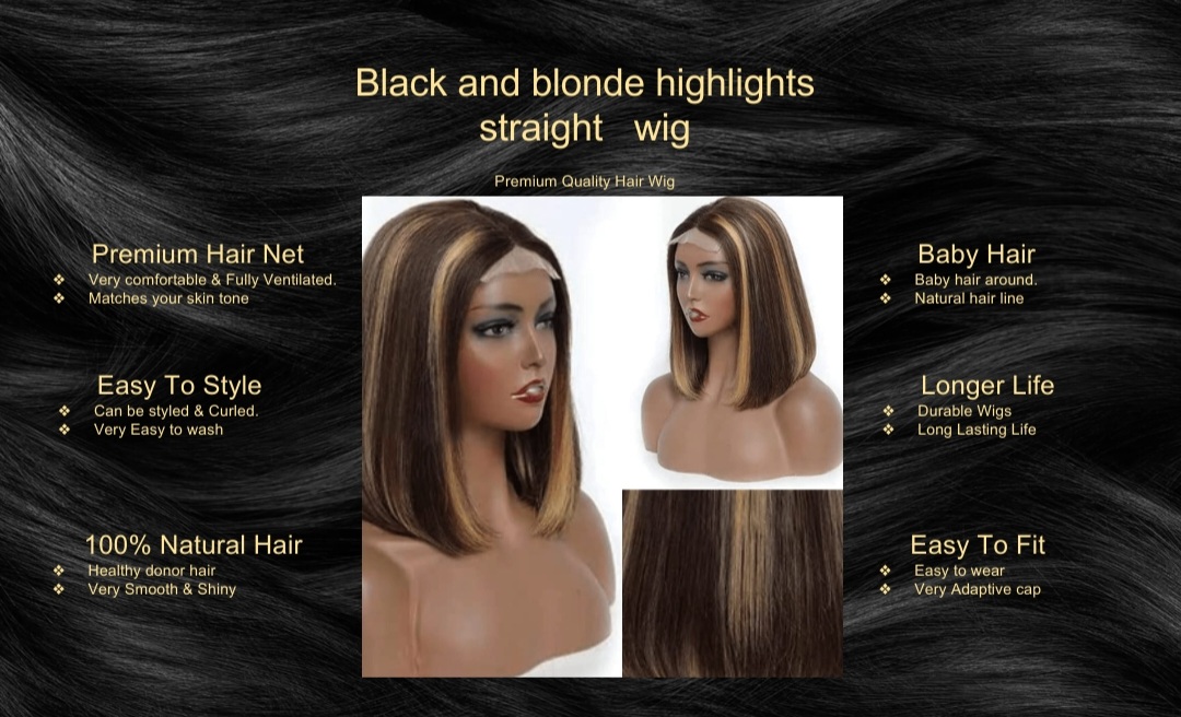 Black and blonde highlights straight wig