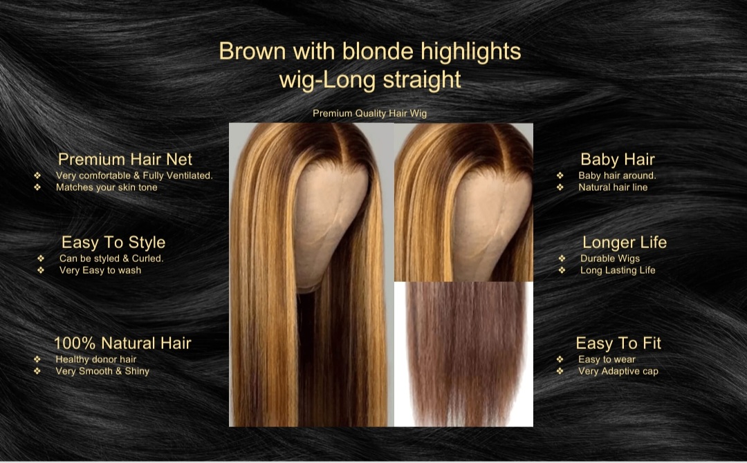Brown with blonde highlights wig-Long straight