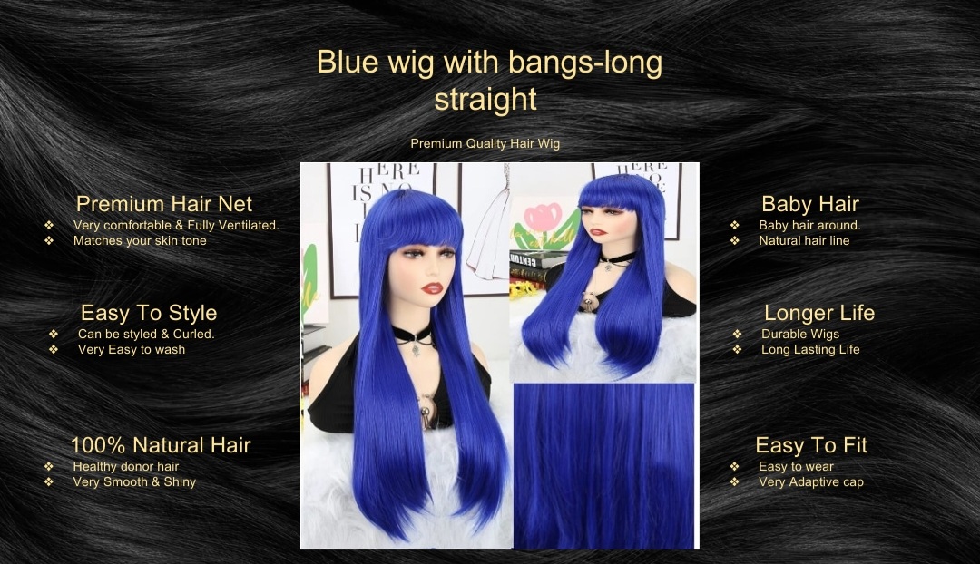 Blue wig with bangs-long straight