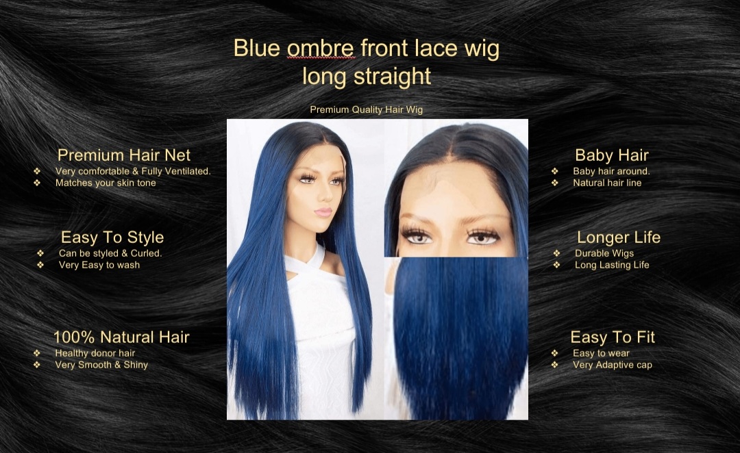 Blue ombre front lace wig long straight