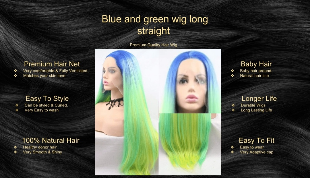 Blue and green wig long straight