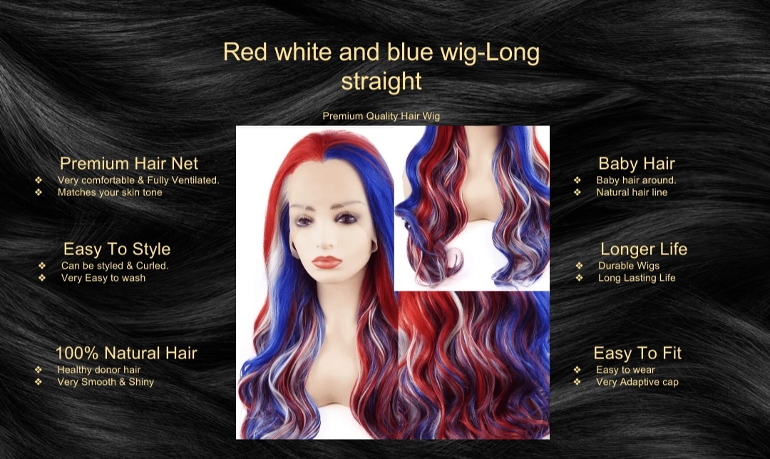 Red white and blue wig-Long straight