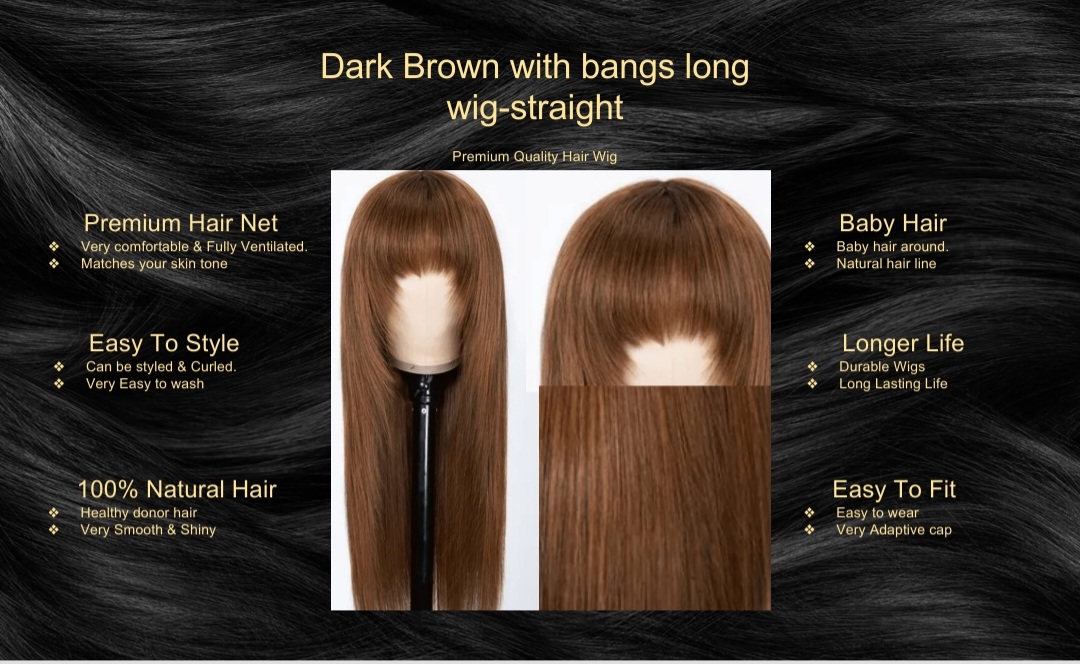 Dark Brown with bangs long wig-straight