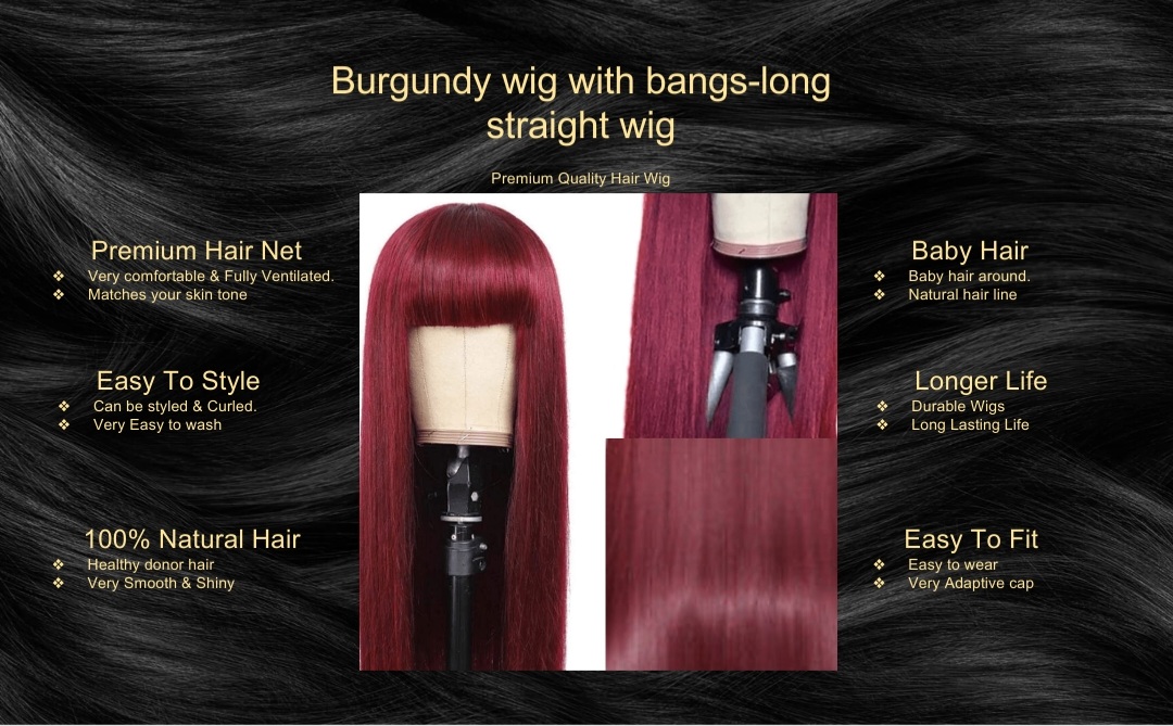 Burgundy wig with bangs-long straight wig