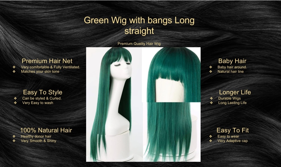 Green Wig with bangs Long straight
