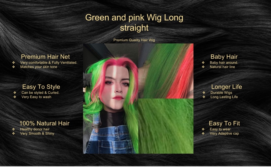 Green and pink Wig Long straight