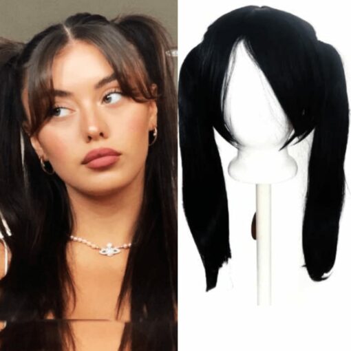 black pigtail wig long straight 1