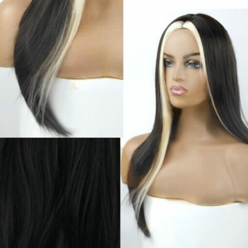 black wig with blonde streaks in front long straight 3