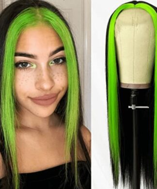 black wig with green highlights-long straight 1