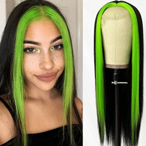 black wig with green highlights-long straight 1