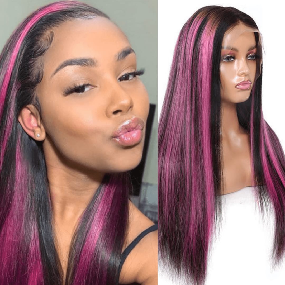 Black Wig With Pink HighlightsLong Straight 100 Virgin Hair 150  180  And 250 Density  NexaHair