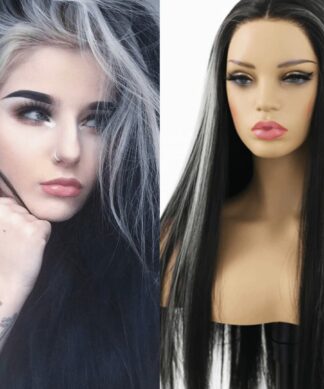 black wig with white highlights wig-Long straight 1