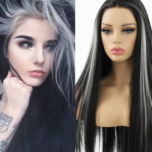 black wig with white highlights wig Long straight 1