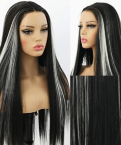 black wig with white highlights wig Long straight 3