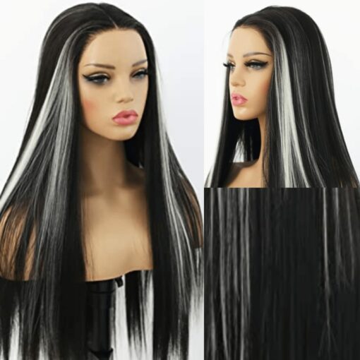 black wig with white highlights wig-Long straight 3