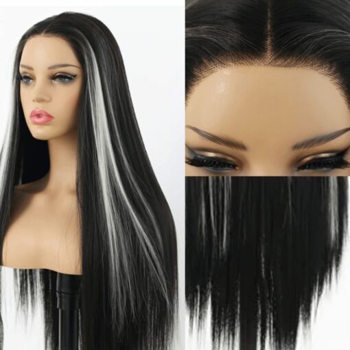 black wig with white highlights wig-Long straight 4