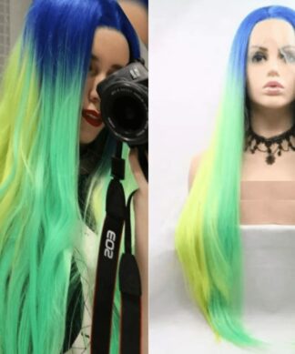 blue and green wig-Long straight 1