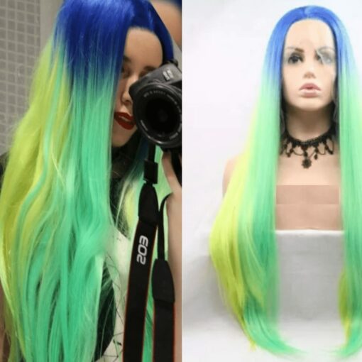 blue and green wig Long straight 1