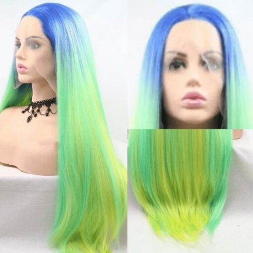 blue and green wig Long straight 3