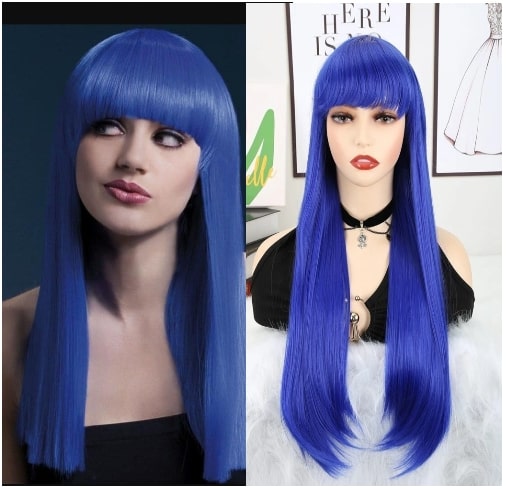 blue wig with bangs long straight 1