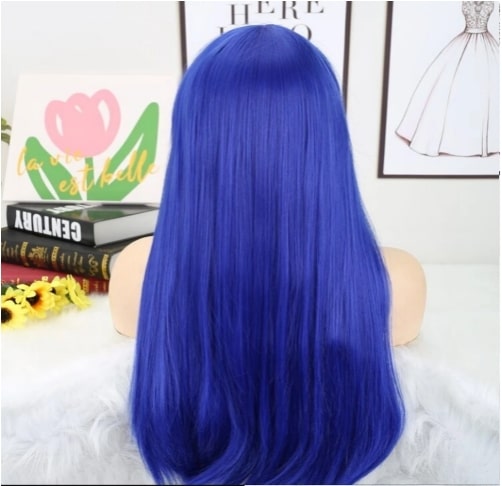 blue wig with bangs long straight 2