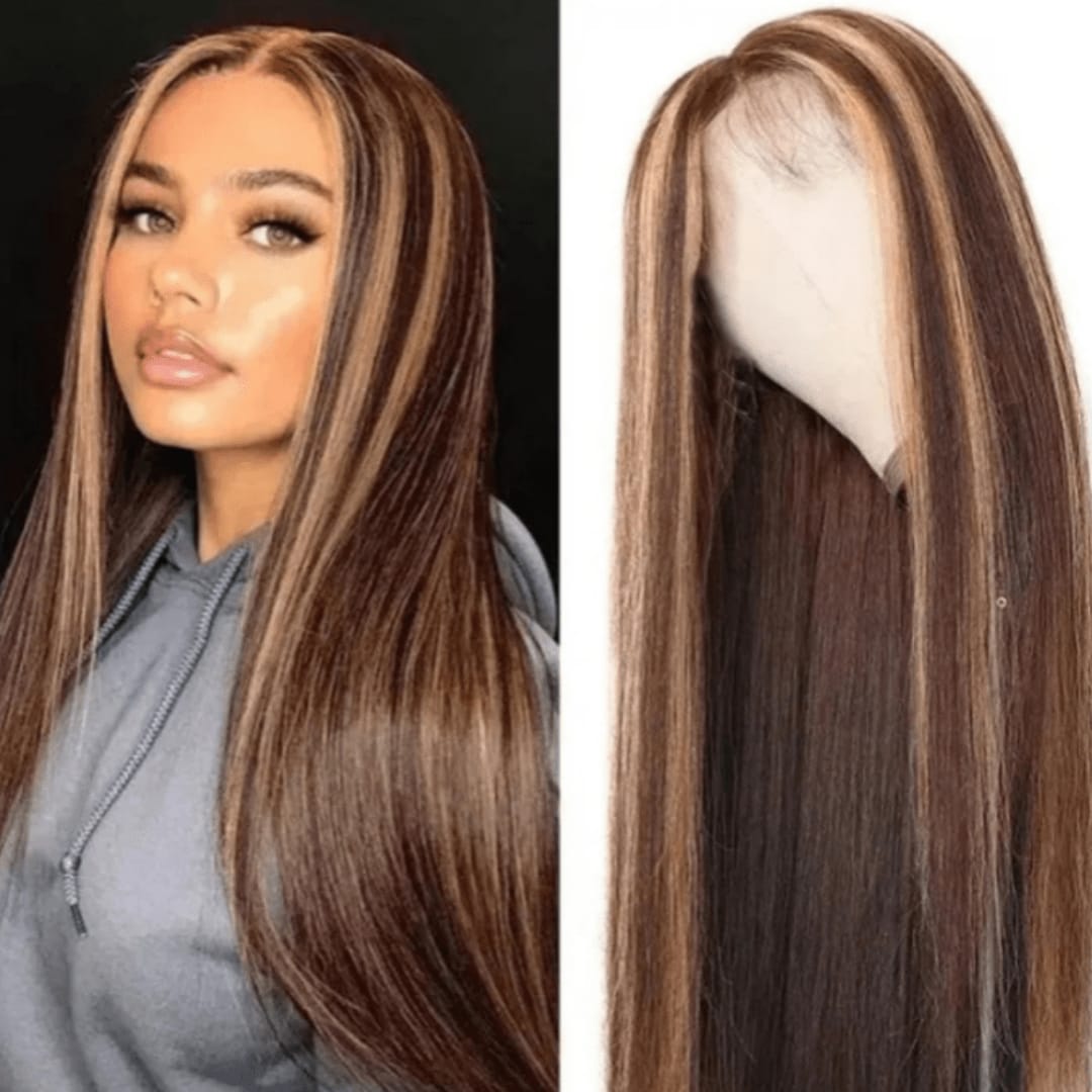 Brown With Blonde Highlights Wig-Long Straight 100% Human Hair 150 And 250%  Density| NEXAHAIR