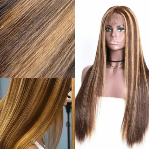 brown with blonde highlights wig-Long straight 2