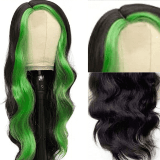 green skunk stripe wig wavy long3