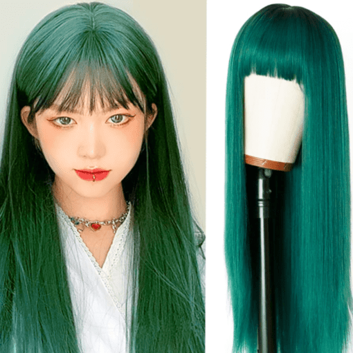 green wig with bang straight long1