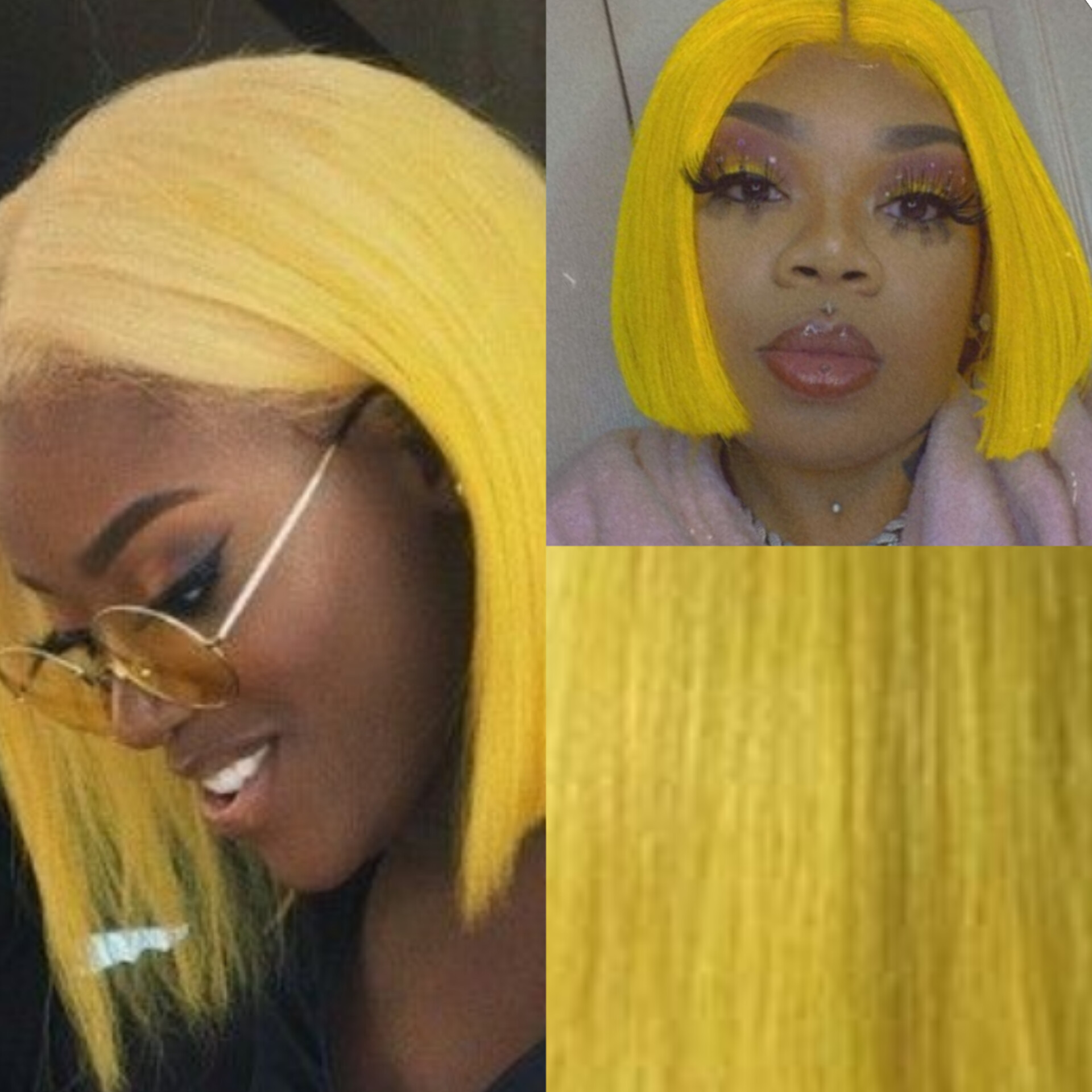 10 Inches Yellow Bob Is Straight Yellow Coloured Wig With Baby Hair Around  It And Also Having Front Lace Line And Natural Hair