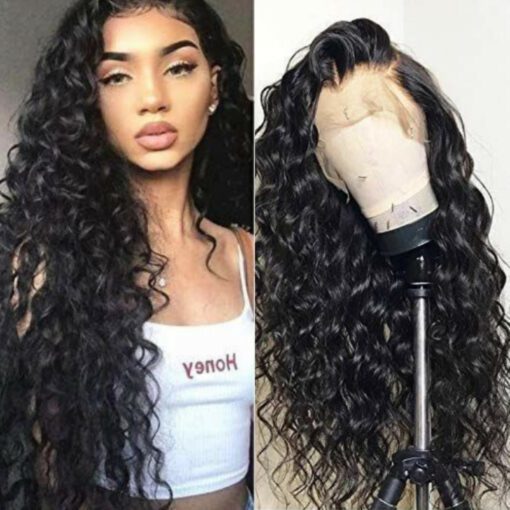 Caucasian lace frontal wig wavy long black1