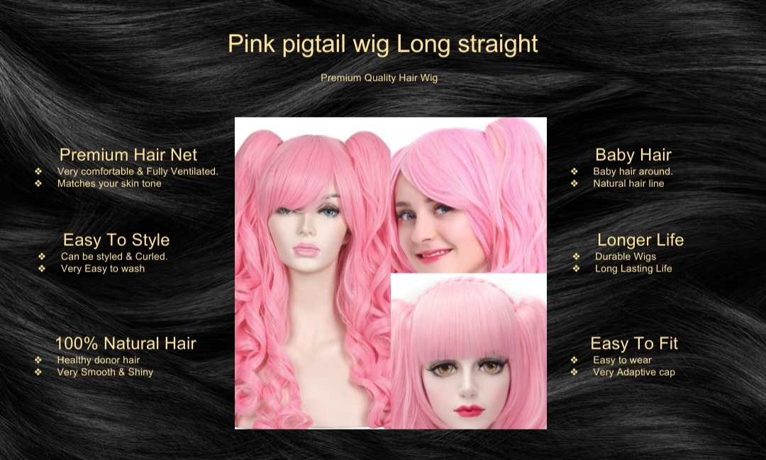 Pink pigtail wig Long straight