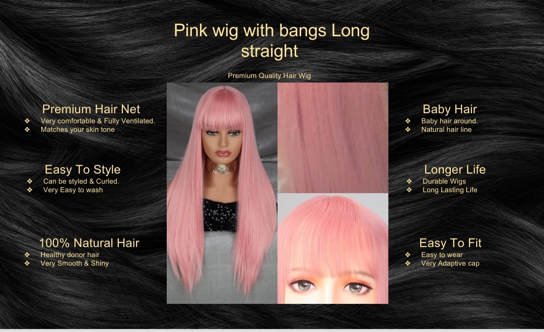 Pink wig with bangs Long straight